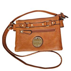 Bueno Buckle Womens Crossbody Shoulder Handbag Tan Faux Leather